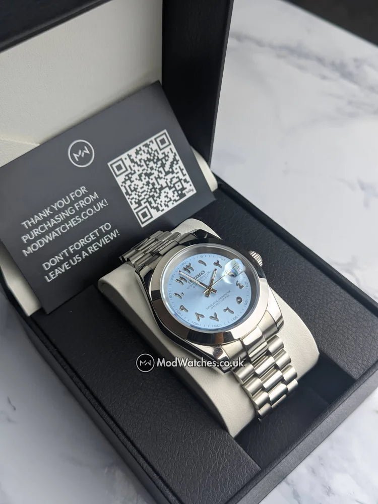 tiffany blue arabic dial datejust non fluted bezel nh35 build tiffany blue arabic dial datejust non fluted bezel nh35 build